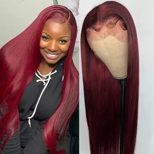 Long Soft Burgundy 26''180%Density PrePlucked Glueless Straight Deep Lace Front Wigs For African Women Babyhair Daily