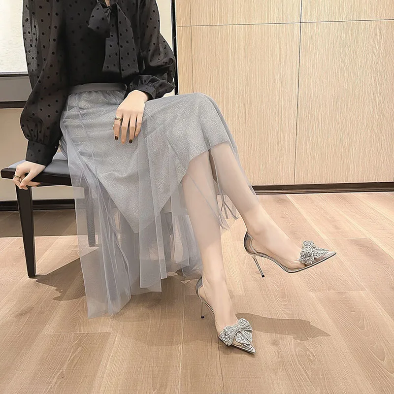 Spring Autumn 2022 Women Shoes Fashion Butterfly-Knot Wedding Bling Bride Elegant Transparent Pointed Toe Pumps Party High Heels