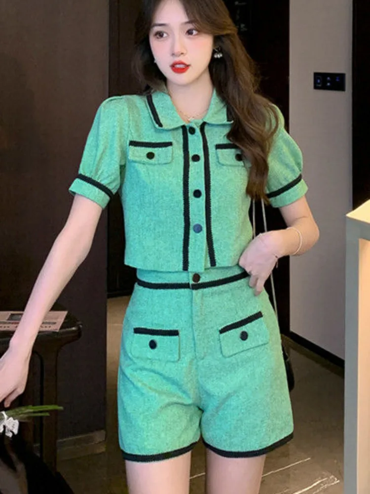 

Summer Fashion Small Fragrance 2 Piece Set Women Puff Sleeve Short Jacket Coat & Shorts Suits Korean Sweet Two-Piece Pants Sets