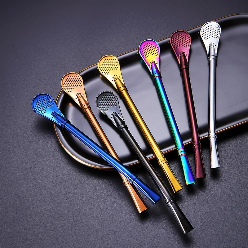 

Filter Straw Spoon Eco-Friendly Stainless Steel Drinking Straws Tea Strainer Cocktail Shaker Coffee Bar Filtered Spoons