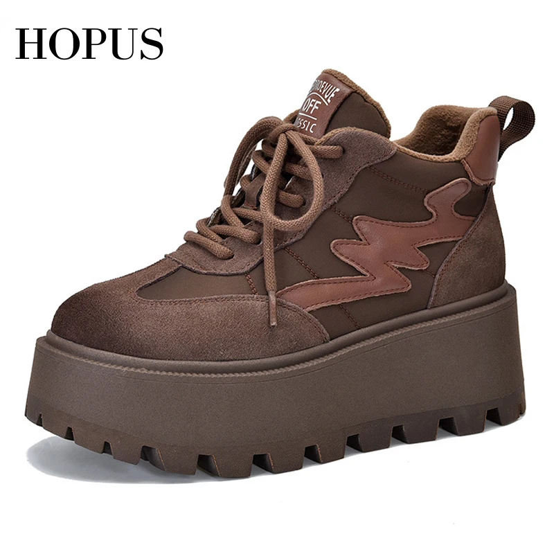 

Женские туфли на платформе HOPUS, новинка 2023, повседневные ретро кроссовки из натуральной кожи на шнуровке, Нескользящие теплые плюшевые зимние туфли с высоким верхом
