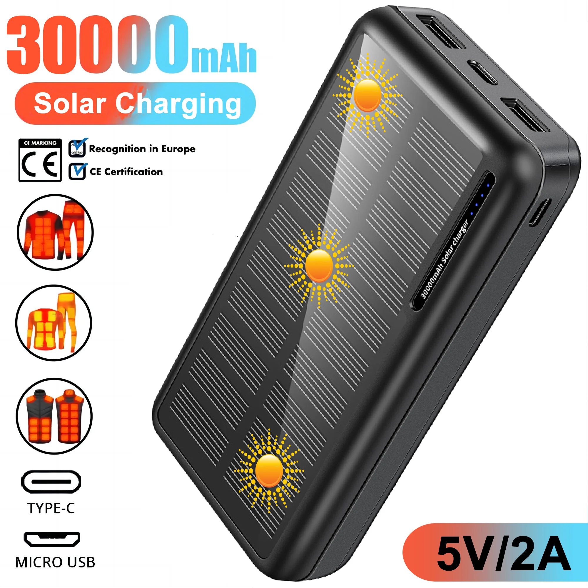 Внешний аккумулятор на солнечной батарее 30000 мАч 5 В 2 А
