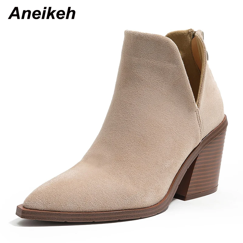 

Aneikeh 2022 Spring Autumn New Fashion Solid Flock Pointed Toe Zippers Rome Ankle Chelsea Boots Strange Heel Shoe Botas De Mujer