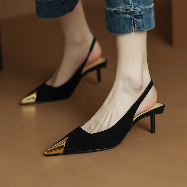 

Iron Decor Pointed Toe Women Shallow Pumps Black Leather 6cm Thin High Heels Prom Dress Sapatos Summer Slingback Sandalias Femme