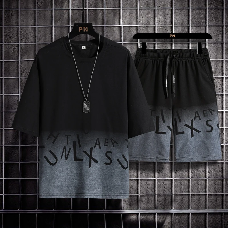 

2022 New Gradient Mens Short Sleeved T-shirt Shorts Casual Set Fashion Letter Print Sportswear Men Summer Sets Tracksuit