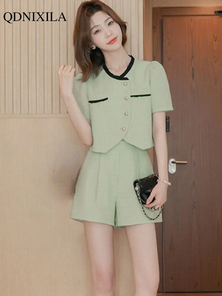 

2023 Summer Women's Short Sets Korean Elegant New In Matching Sets Sweet Fashion Top Hight Waist Shorts 2 Piece Set Women Outfit