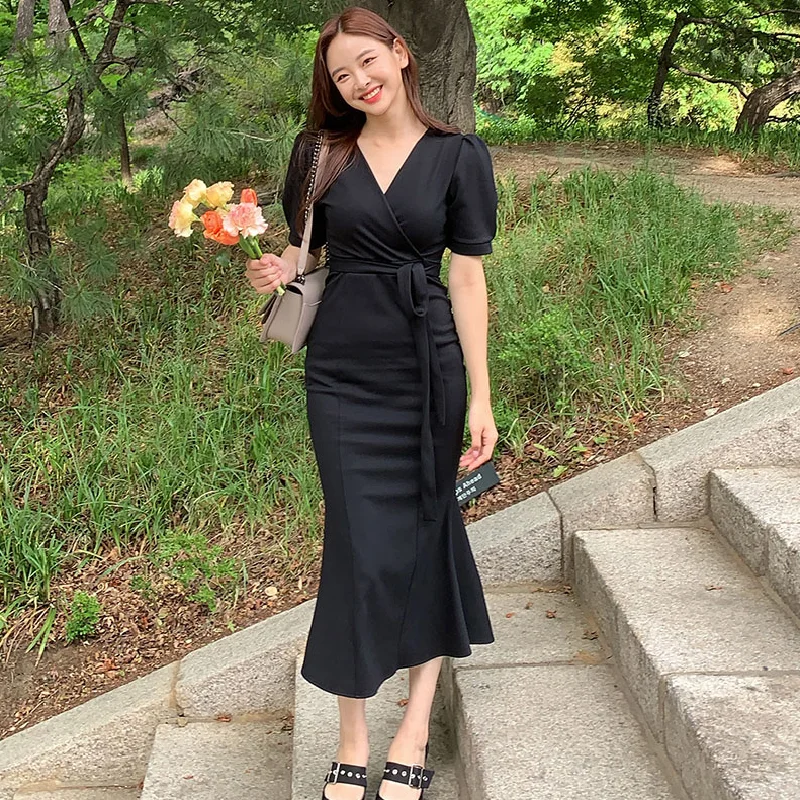 

Sexy Temperament All-match Retro Oversize V Neck Short Sleeve Black Mermaid Dress Wrap Hip Slim Waist White Vestidos Mujer