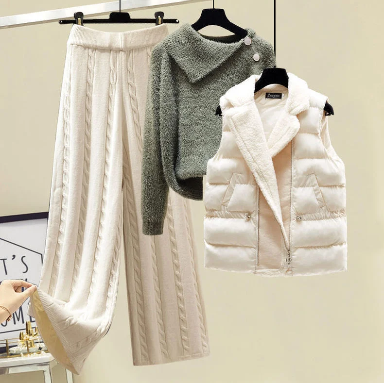 

2023 Winter Warm 3 Piece Set For Women Outfits Ladies Knitted Sweater +Lamb Wool Vest+ Wide Leg Twist Pants Set Womens Clothing