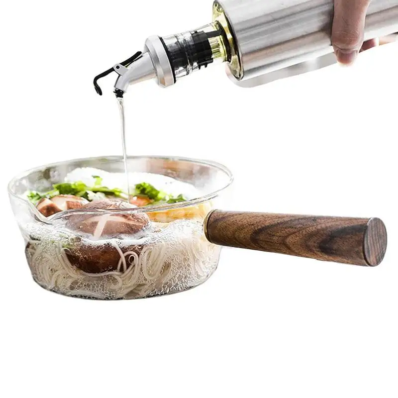 

Milk Pan Baby Complementary Food Pan Transparent Glass Wooden Handle Japanese Style Milk Pan Salad Bowl With Handle