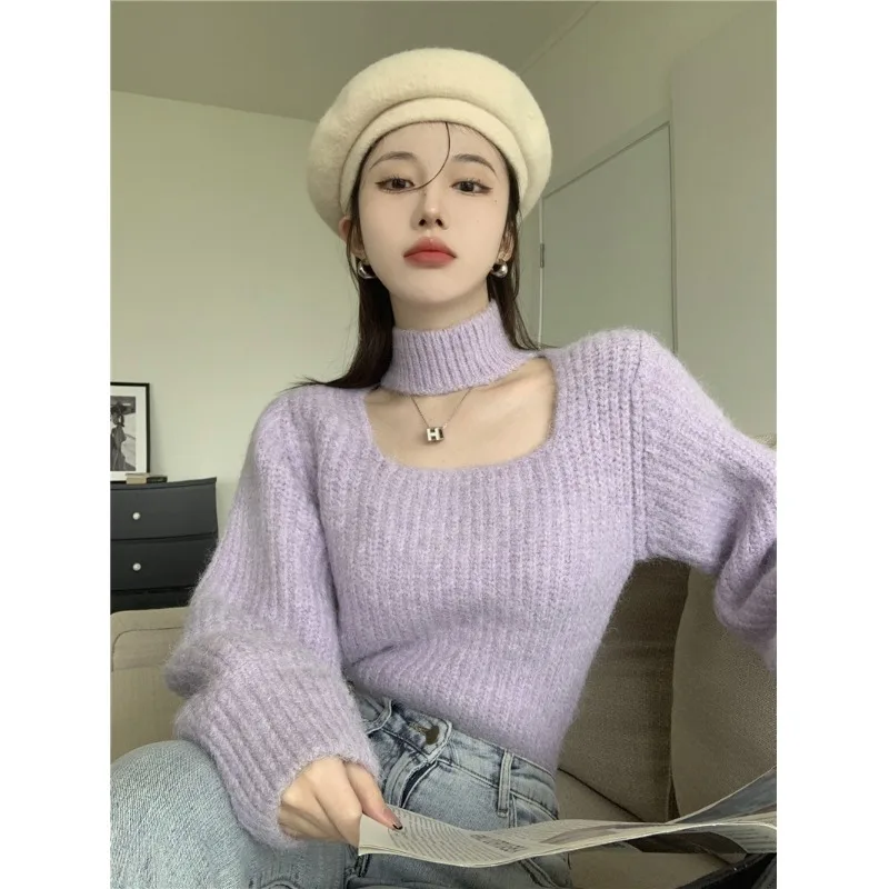 Фиолетовый полый свитер с квадратным воротником и подвесным женский