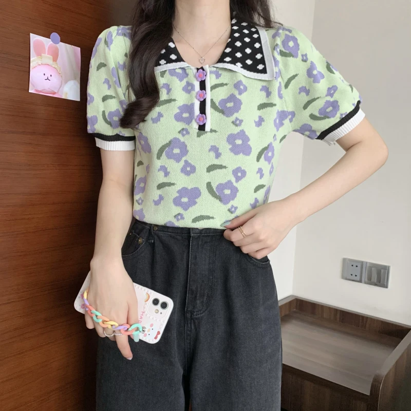 

Girls Knitted Tees Women Puff Short Sleeve Printed Flowers Sweaters Shirts Cropped Thin Pullover Crop Top