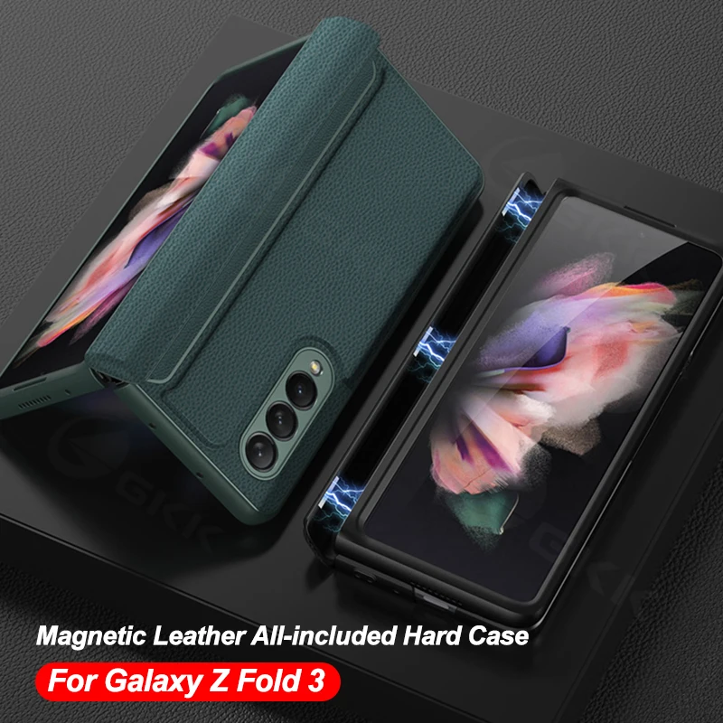 

GKK Leather Magnetic Frame Case Cover For Samsung Galaxy Z Fold 3 5G All-Included Hard Phone Cover For Samsung Z Fold3 5G Case