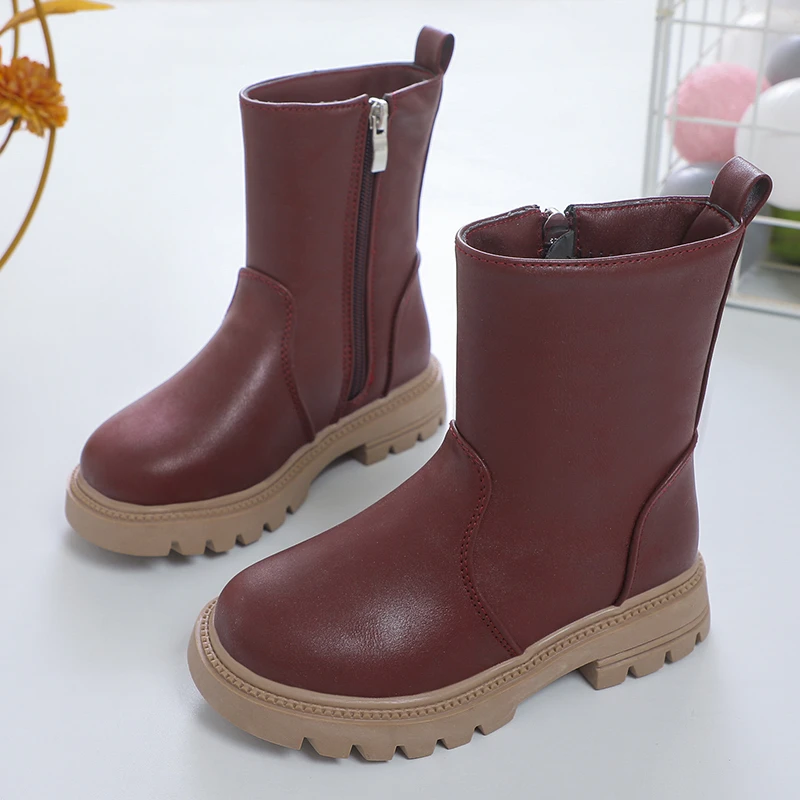 Fashion Girls Leather Long Boots Kids Mid-calf Leather Shoes Toddler Girls Square Heel Platform Boots 6-14Y Winter Snow Boots