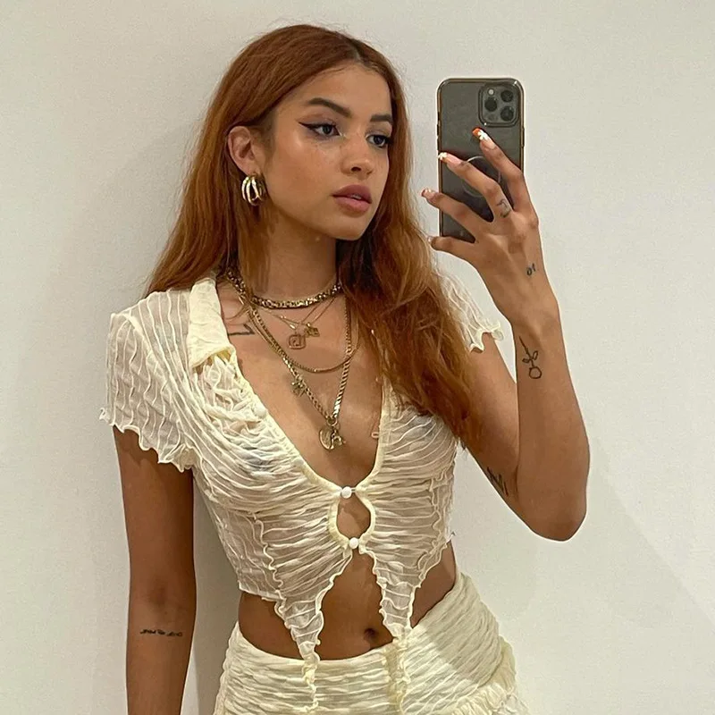 

Y2K Two Piece Matching Suit Chic Women Sexy Skirt Set See Through Button Up T-shirt Crop Top and Mini Skirt Bodycon Streetwear