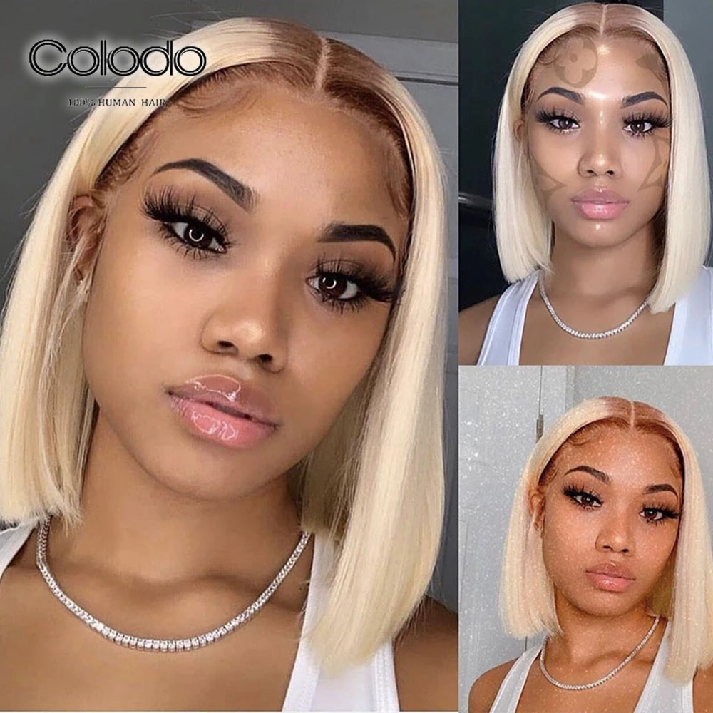 

COLODO 13x4 Ombre Blonde Short Bob Pixie Cut Wig Human Hair 613 Lace Frontal Wig Peruvian Hair Transparent Lace For Women