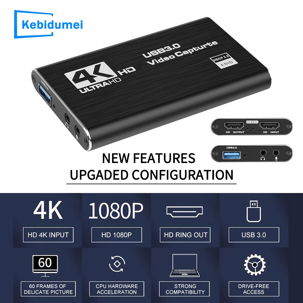 

4K USB 3.0 Video Capture Card hdmi adapter 1080P 60fps HD Video Recorder Grabber For Capturing Game Card Live For PS4 DVD Mic