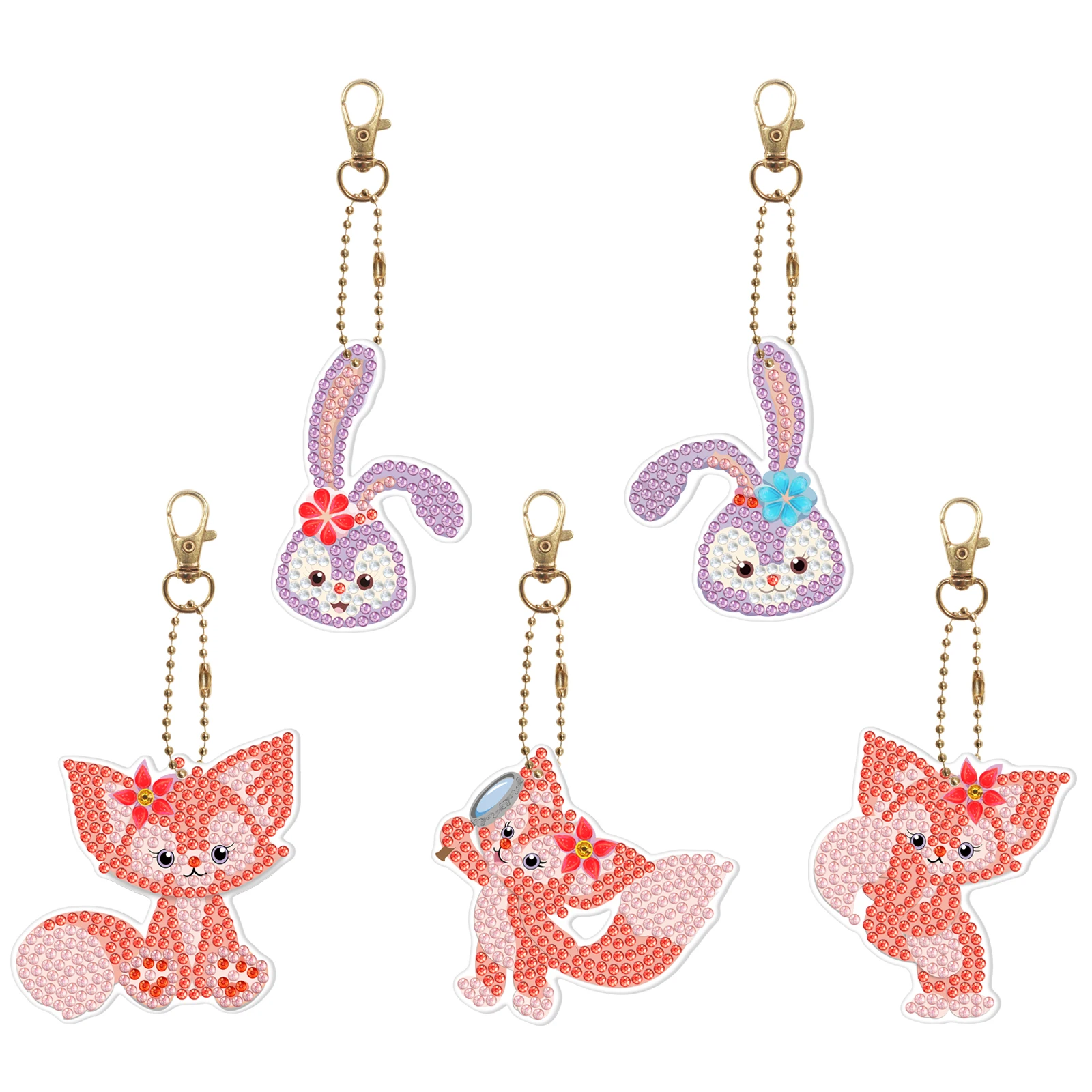 

5Pcs/set Keychain 5D Diamond Painting Keychain DIY Crafts Fox Rabbit Head Cartoon Keychain Single Sided Point Drill Pendant Gift