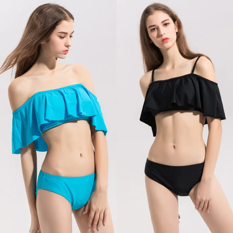 

2022 Tropical Flounce Bikini Side Tie Bottom Padded Ruffled Top Two Piece Swimsuit for Women Cross Back Bathing Suit Swimwear