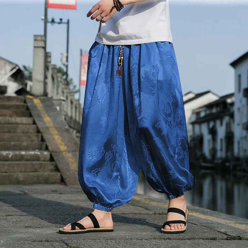 Ice Silk Dragon Pattern Dark Flower Men's Beach Bloomers Retro Casual Wide-leg Pants Harajuku Fashion Hip-hop Jogging Pants