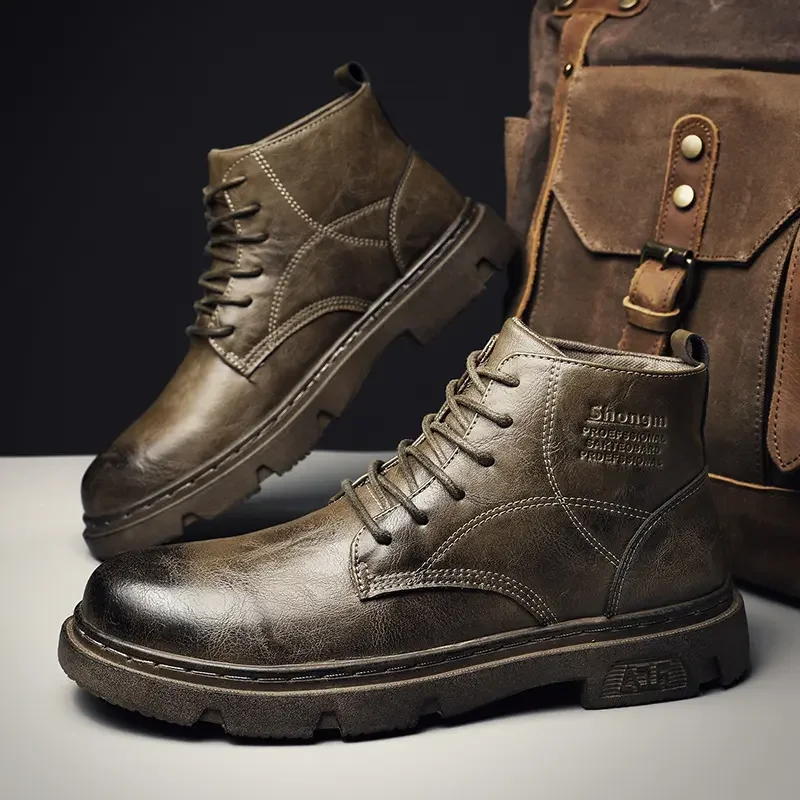 

Ботинки мужские кожаные водонепроницаемые, теплая Повседневная обувь для снега и работы, Военные боевые резиновые однотонные модные ботинки до щиколотки, зима