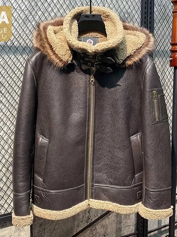

Men Plus Size 7XL Coats Winter Sheep Shearling Overcoat Thick Warm Real Fur Lining Jacket Hoodie Pilot Genuine Leather Jacket