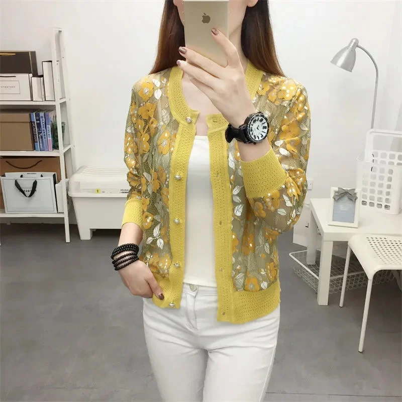

2023 New Summer Thin Knitted Cardigan Jacket Sunscreen Lace Short Women Coat Western Style Tops Female Sun Protection Clothing