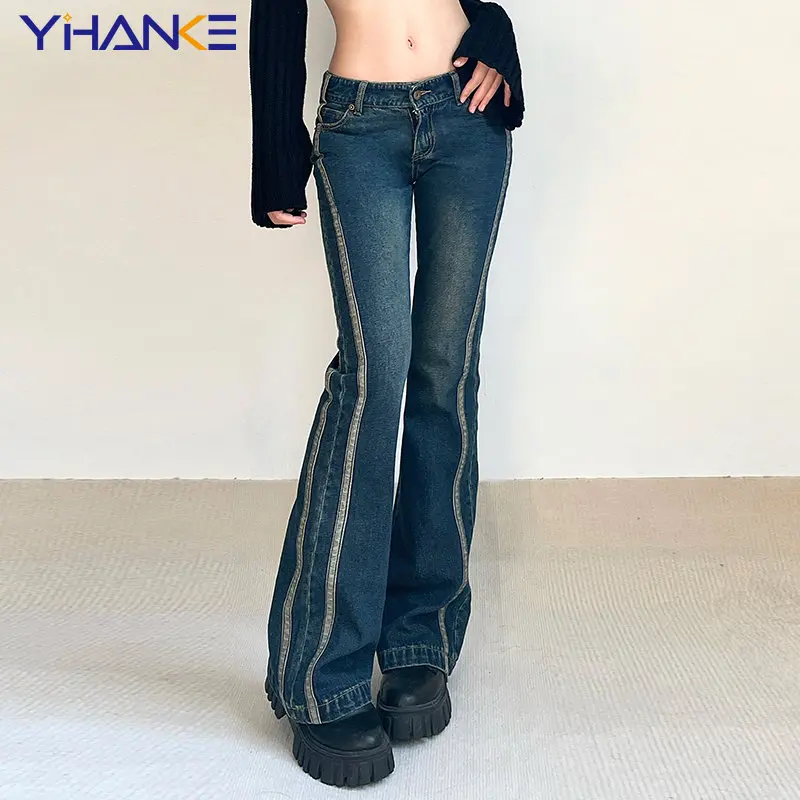 

Retro Flared Pants Stripe Stitching Design Tight Low Waist Jeans Women Casual Street Outfit Korean Fashion Y2k Jeans Streetwear