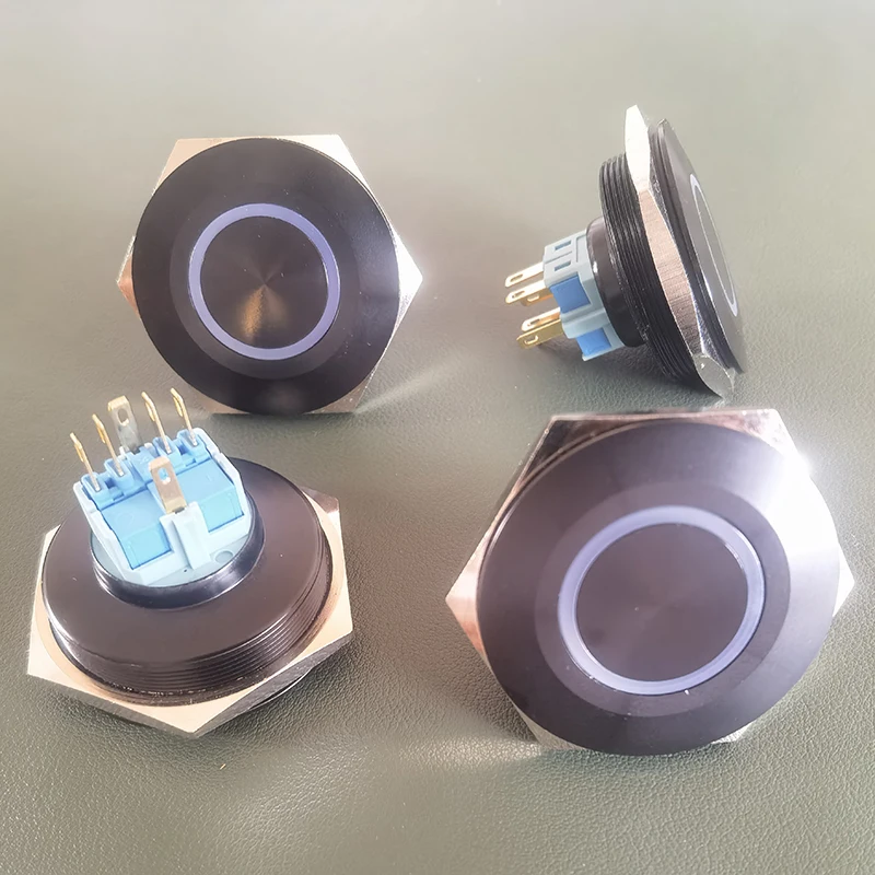 

40 мм металлический кнопочный переключатель оксидированный черный кольцевой светильник лампа питания 12 В 24 В 220 В плоская головка водонепроницаемый металлический переключатель