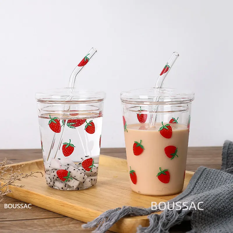 

320ml Strawberry Cup with Lid Glass Straw Cup Girl Star Letter Pattern Glass Cup with Straw Milk Tea Coffee Cup Cute Cup
