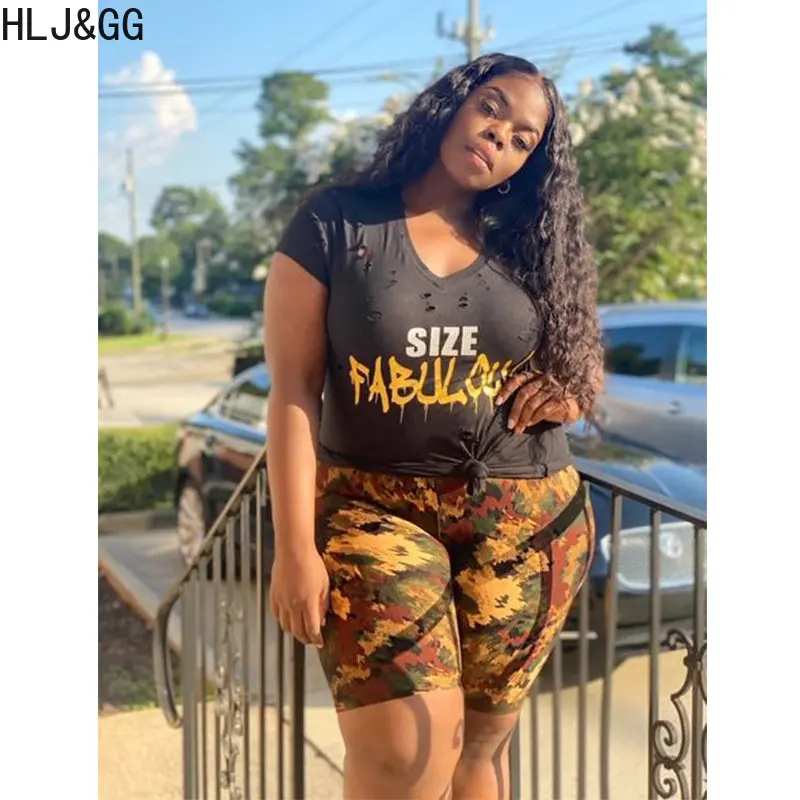 HLJ&GG Plus Size Women Shorts Sets XL-5XL Summer Hole Letter Print Tshirt+Biker Shorts Two Piece Outfits Casual 2pcs Tracksuits