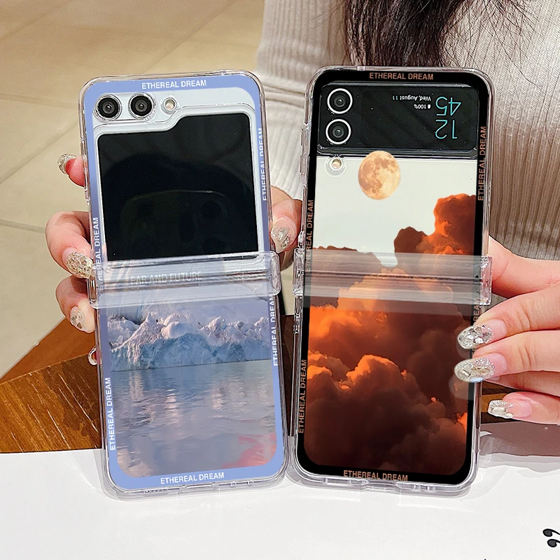 Прозрачный чехол для телефона с пейзажным узором Samsung Galaxy Z Flip 6 5 4 3 5G