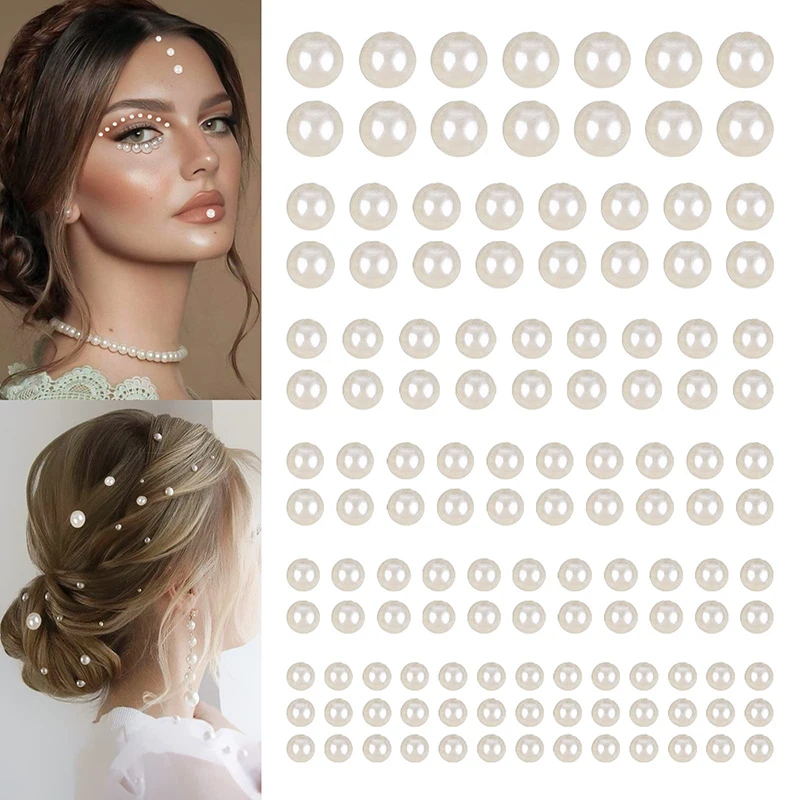 

220pcs Mix 3mm/4mm/5mm/6mm Hair Pearls Stick On Self Adhesive Pearls Stickers Face Pearls Stickers for Hair Face Makeup