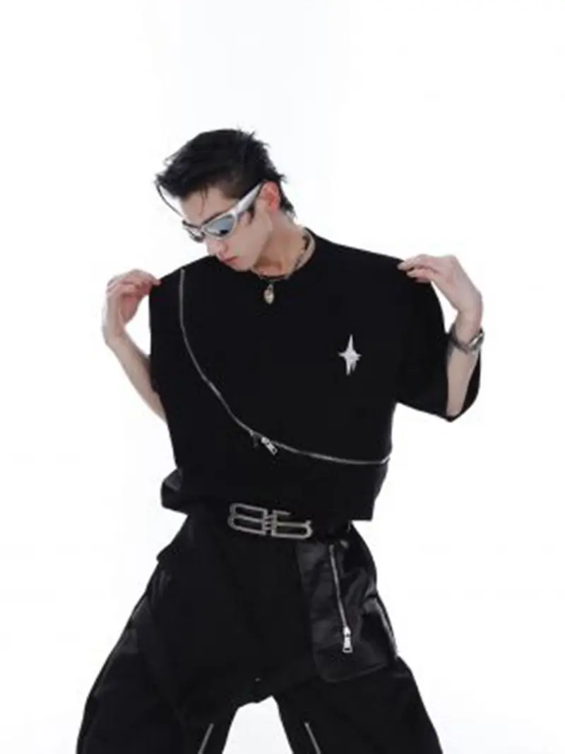 

Рубашка y2k Techwear Мужская, блузка в стиле хип-хоп, черная с длинным рукавом, на пуговицах, на молнии, в стиле панк, стиль Харадзюку