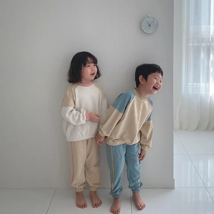 

2022 Autumn Kids Splicing Contrast Color Casual Sweater Set Boy Girls Children's Baby Tops+pant Two Pieces Sport Casual Suit