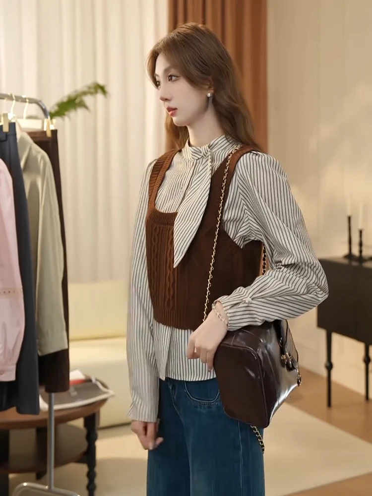 Рубашки в полоску стиле ретро уличный сложенный вязаный жилет комплект из двух