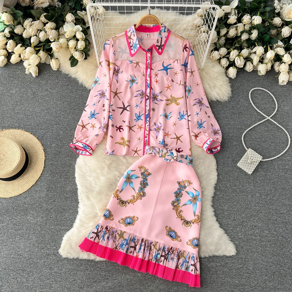 

2022 Women's Spring New Lace Stitching Long-sleeved Printed Shirt + Waist Bag Hip Pleated Fishtail Skirt Two-piece Trendy Suit
