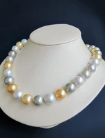 huge charming 1812 13mm natural south sea genuine white gray golden round pearl necklace for women free shipping jewely