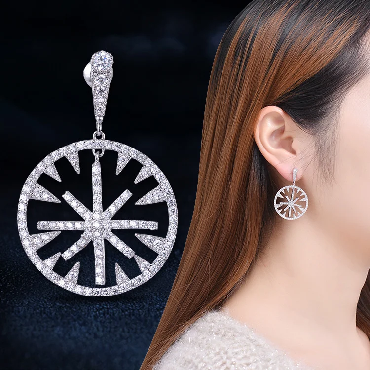 

genuine Luxury brand real jewels Mi Zi micro inlaid zircon 925 Sterling Silver Needle Large Earring Ring female ins personalized