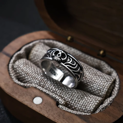 LENNIK Посеребренное медное регулируемое кольцо с черепом