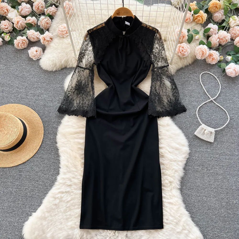 

Новинка весна-лето французское облегающее тонкое платье в стиле Хепберн с соединением от ветра кружевное платье с расклешенными рукавами