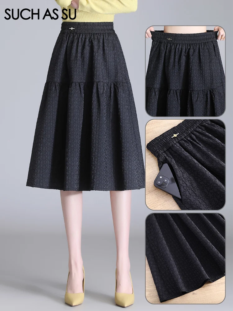 

SUCH AS SU Skirts For Women Fashion Big Hem Black Casual Elastic Waist Female Mid Length Pockets Ladies Jacquard Umbrella Skirt