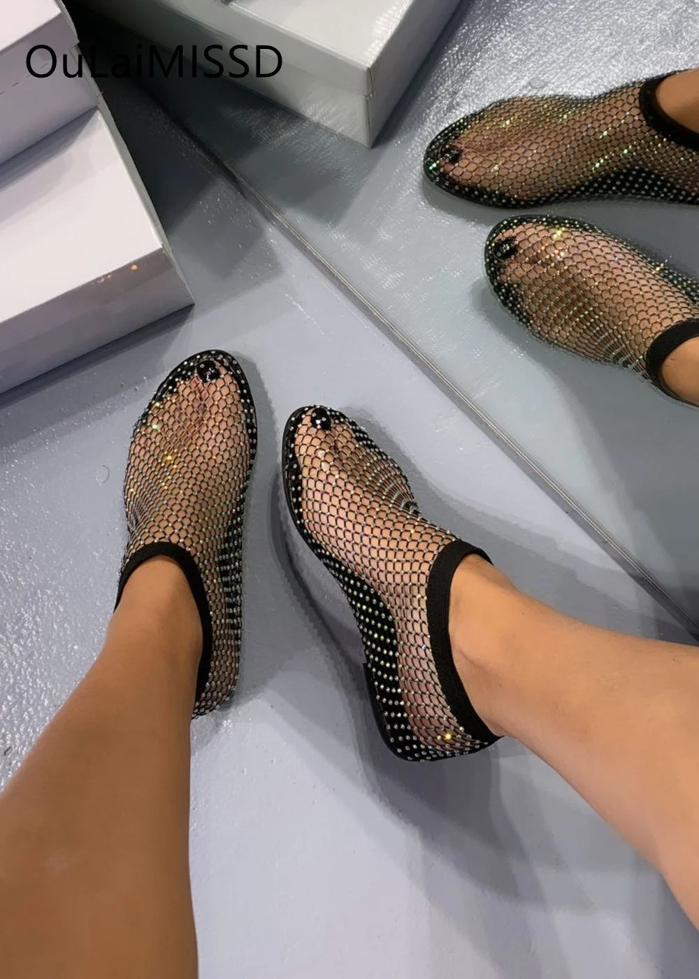 

Fashion Women's Sandals 2023 Water Diamond Fishing Net Sandals Flat Bottom High Top Roman Genuine leather Flat Party Shoes