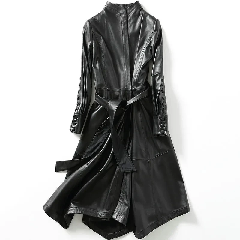 High End 2022 Spring New Sheepskin Coat Half Sleeves Women's Black Real Leather Long Windbreaker Classic Loose Office Jacket