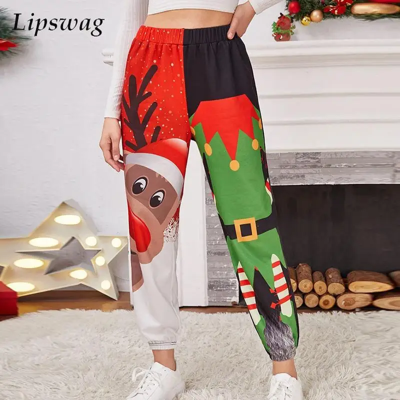 

Autumn Christmas Print Casual Sports Trousers Women Fashion Elastic Waist Sweatpants Vintage Loose Female Long Pants Streetwear