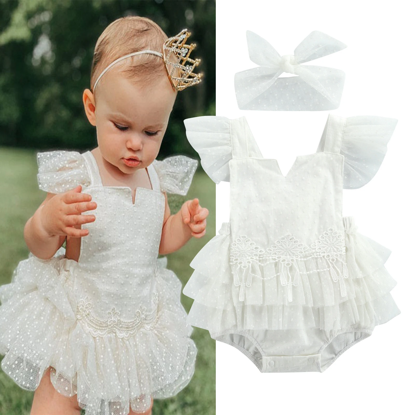 

Princess Infant Baby Girls Rompers Headband 2pcs 0-24M Ruffles Sleeve Lace Floral Printed Backless Jumpsuits