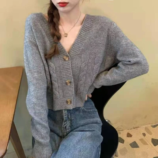 

New Korean Gray Cardigans Woman Lady Knit Sweaters V-Neck Long Sleeve Tops Knitwear Women's Sweater Cardigan Coat Cloth Suéter