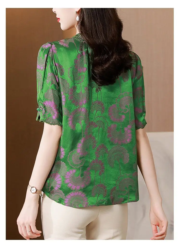 Silk blouse top women 2022 summer new heavy industry embroidered jacquard silk mulberry short sleeve silk loose shirt female images - 6