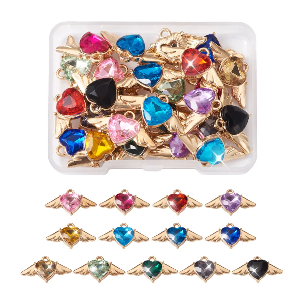 

26pcs Mixed Color Rhinestone Hearts Wing Charms Pendant For Earrings Necklaces DIY Love Charms Jewelry Making Accessories
