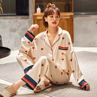 high quality satin silk pajamas set for womens home suit long sleeve casual sleepwear nightwear soft loose 2 pieces set women