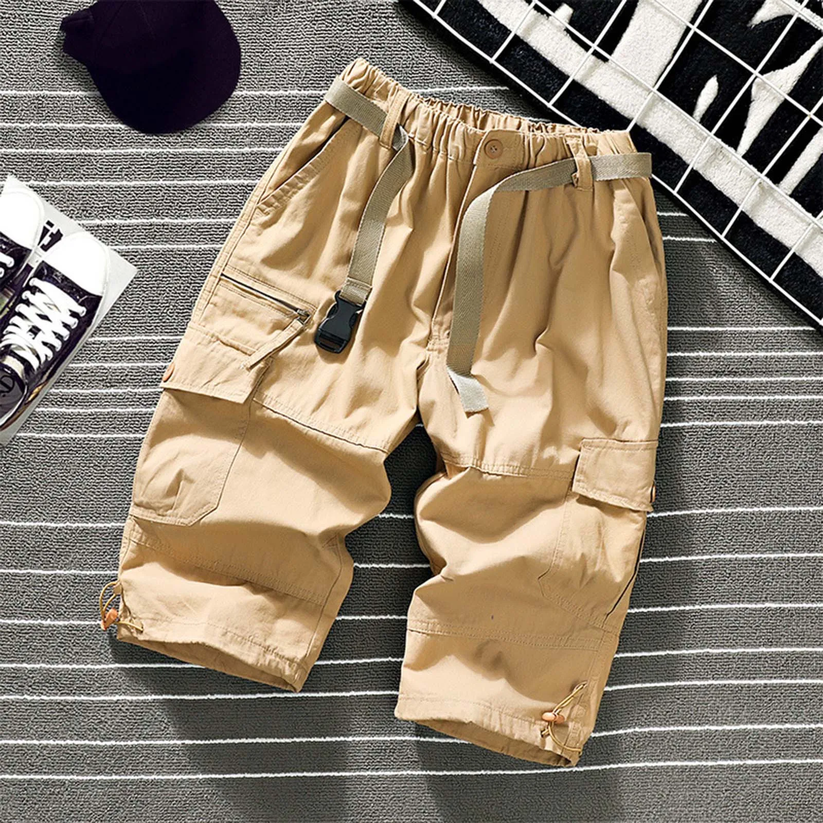 

6 Pockets Khaki Cargo Shorts Men Summer Casual Work Solid Color Half Shorts With Zipper Zip-up Pocket